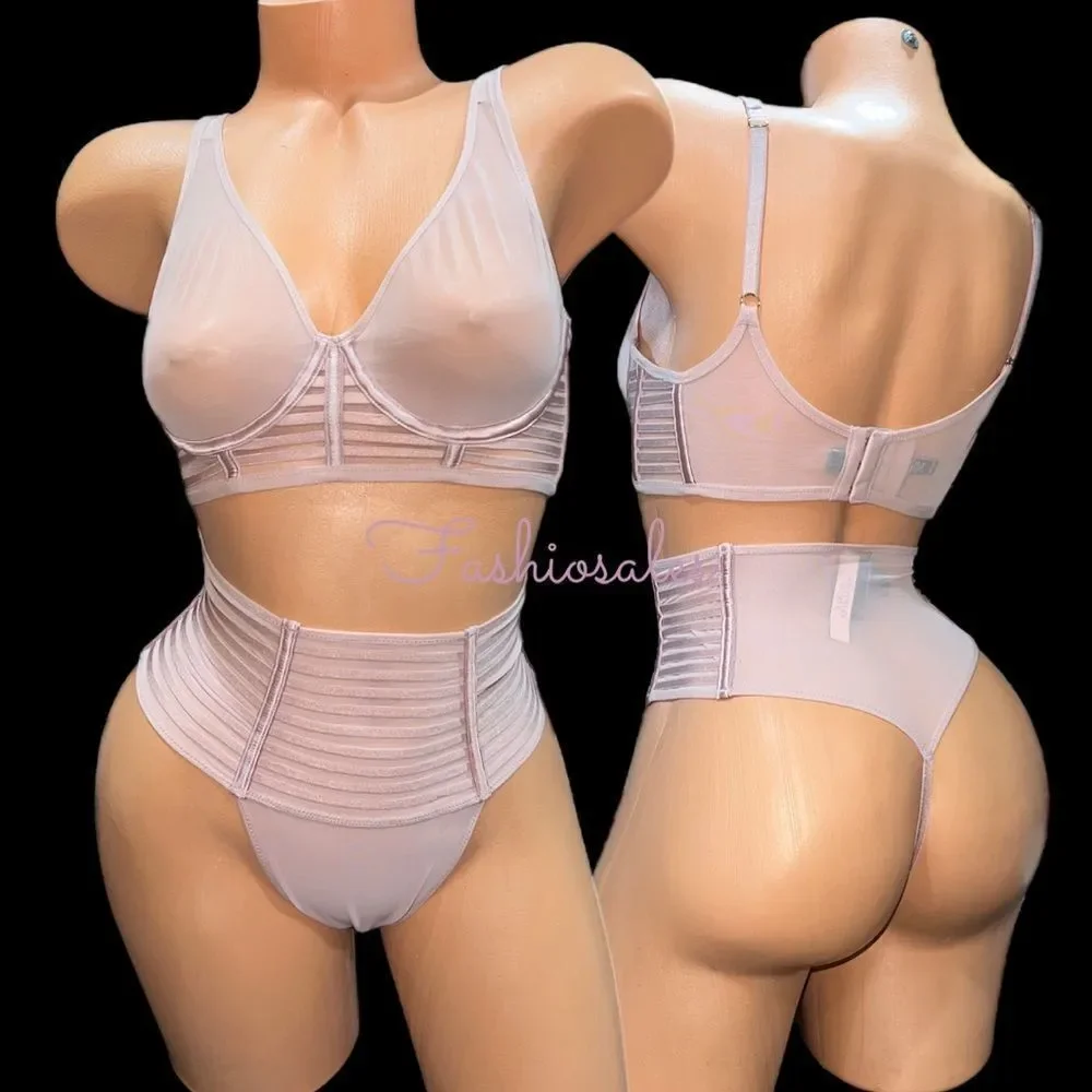 Victoria’s Secret Set Sexy Sheer Mesh Unlined Plunge bra & High Waist Thong pink